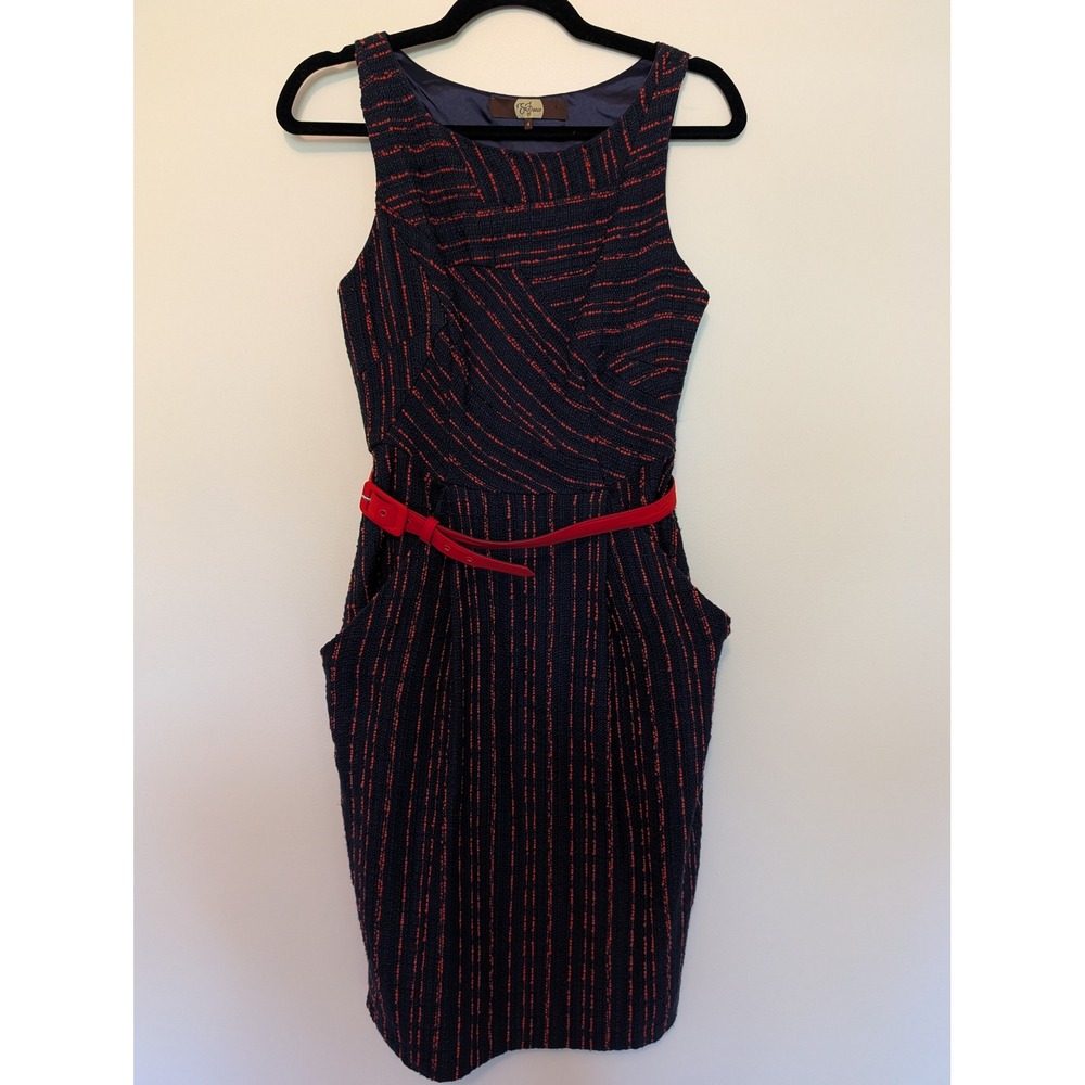 Eva Franco Textured Boucle Sleeveless Belted Sheath Dress Womens 4 Navy Red Mod